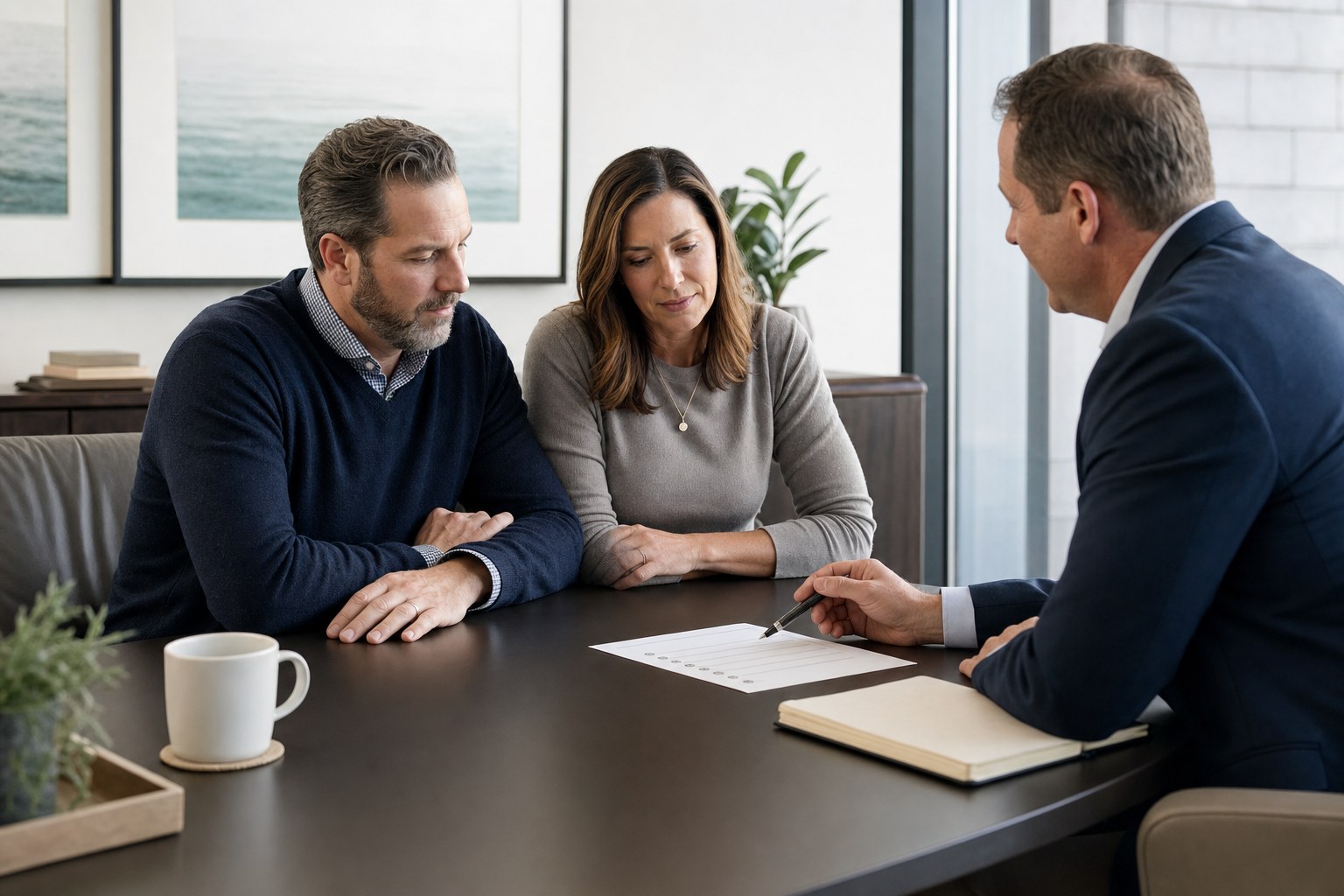 A couple in their 40s discussing a financial planning checklist with an advisor at a conference table.