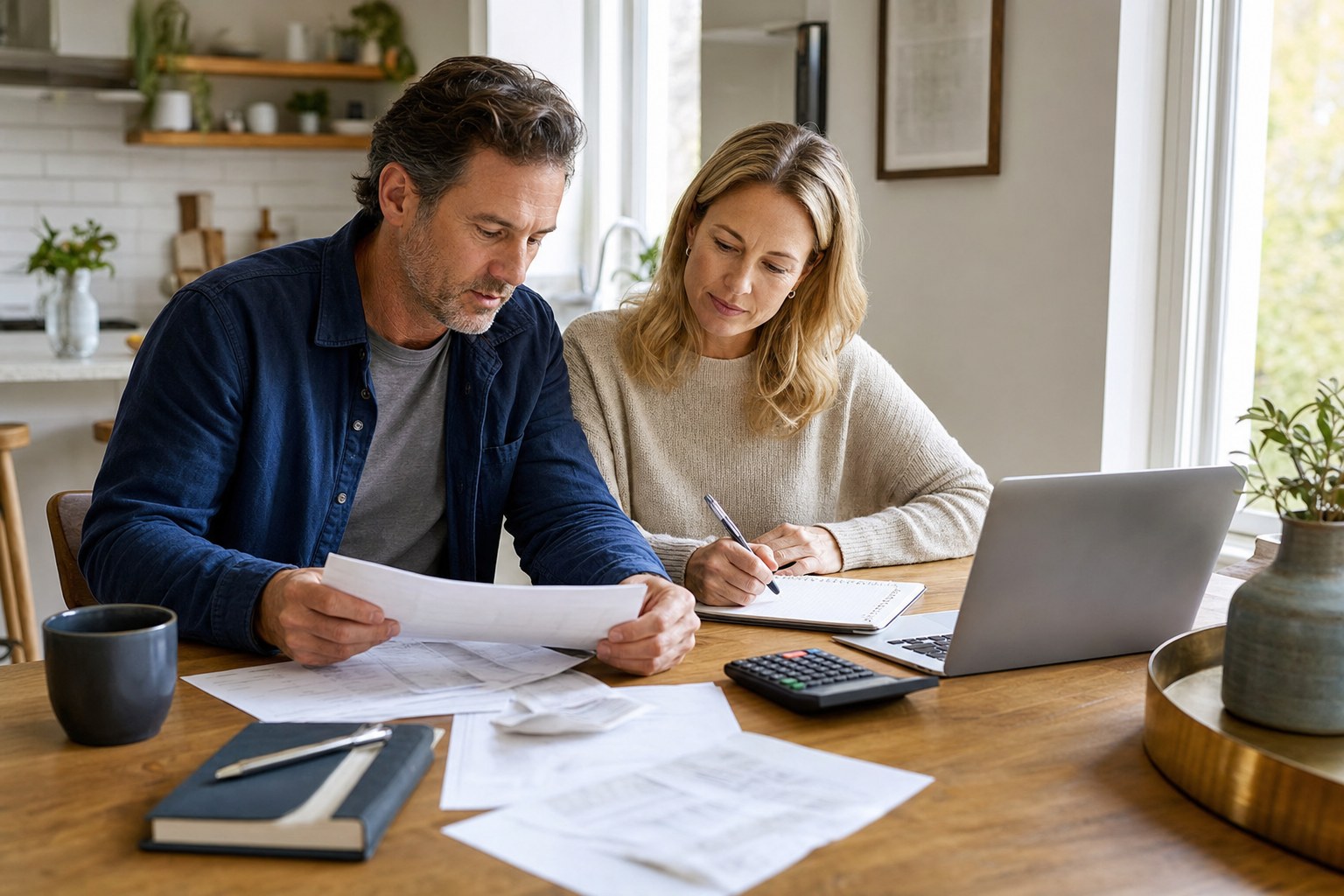 A couple in their 40s reviewing retirement planning documents, a notebook, and a calculator together at their dining table.