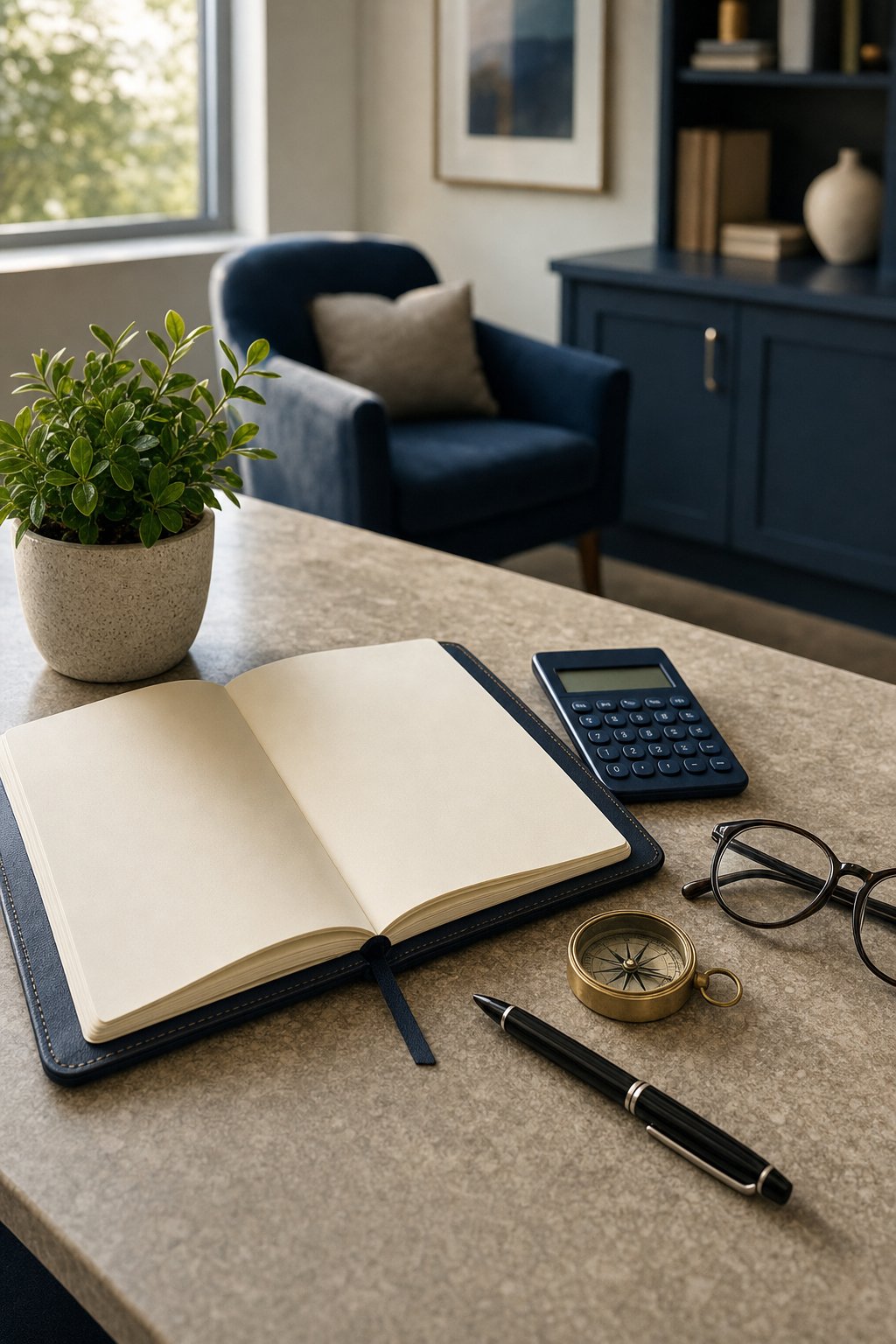 A retirement planning notebook, calculator, glasses, compass, and pen on a stone desk.