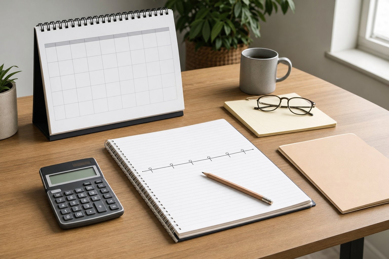 A desk calendar, a timeline notebook, a calculator, and planning materials arranged for a timing review.