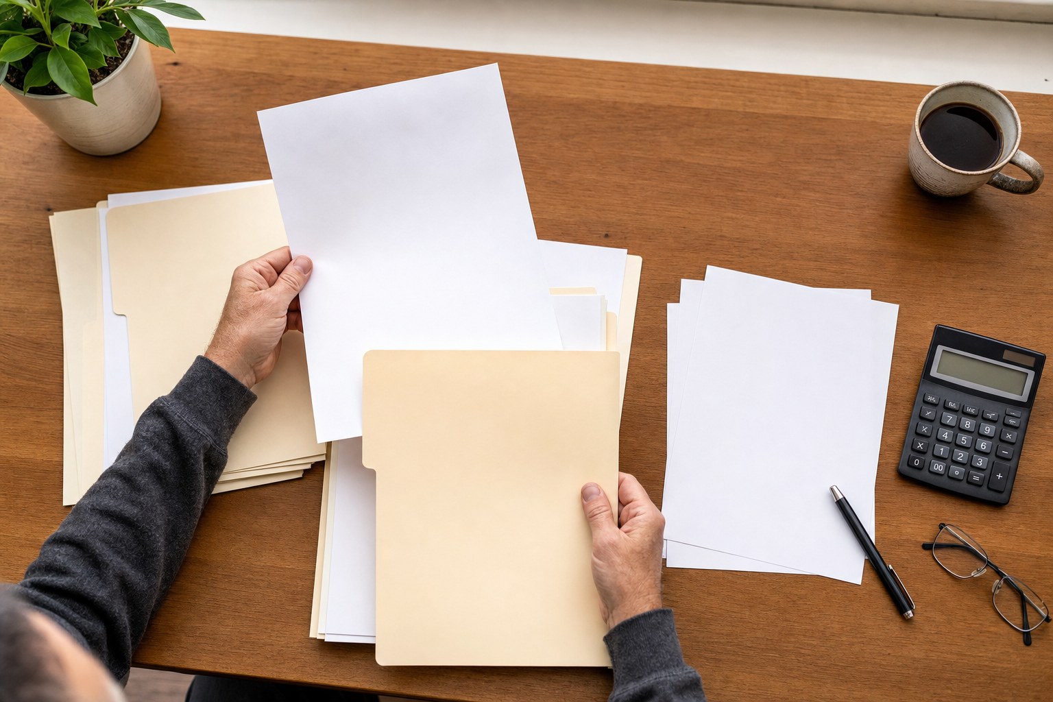 Hands organizing blank retirement-account records, folders, a calculator, and a pen on a wooden desk.