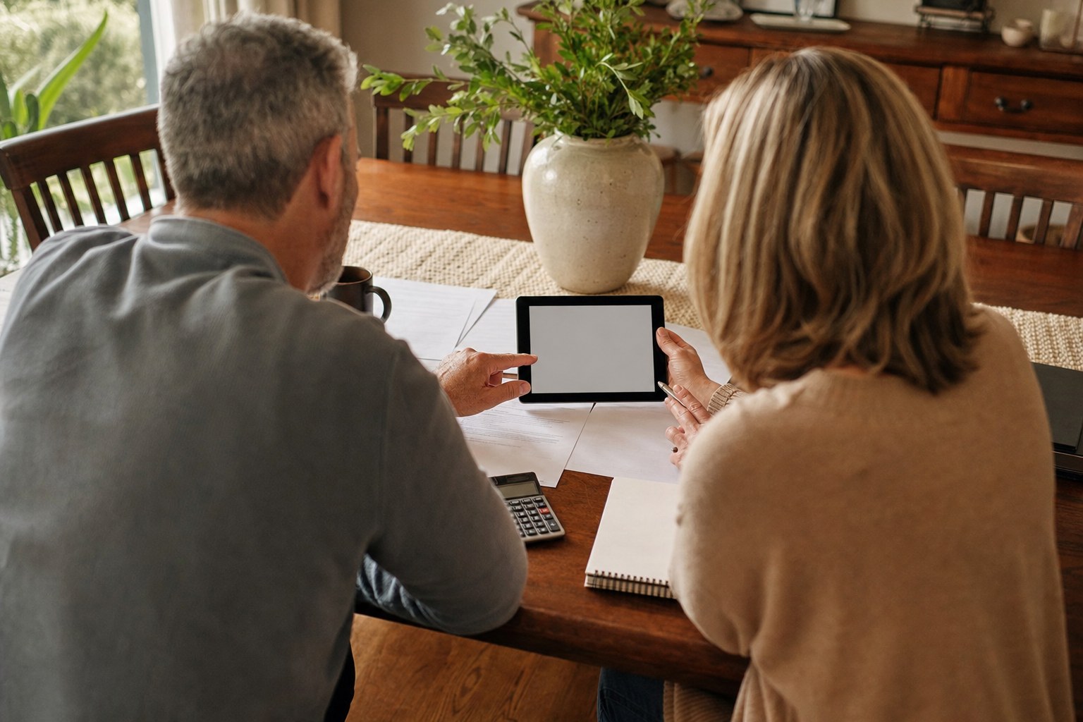 Two adults reviewing retirement-planning papers and a tablet together at a dining table.
