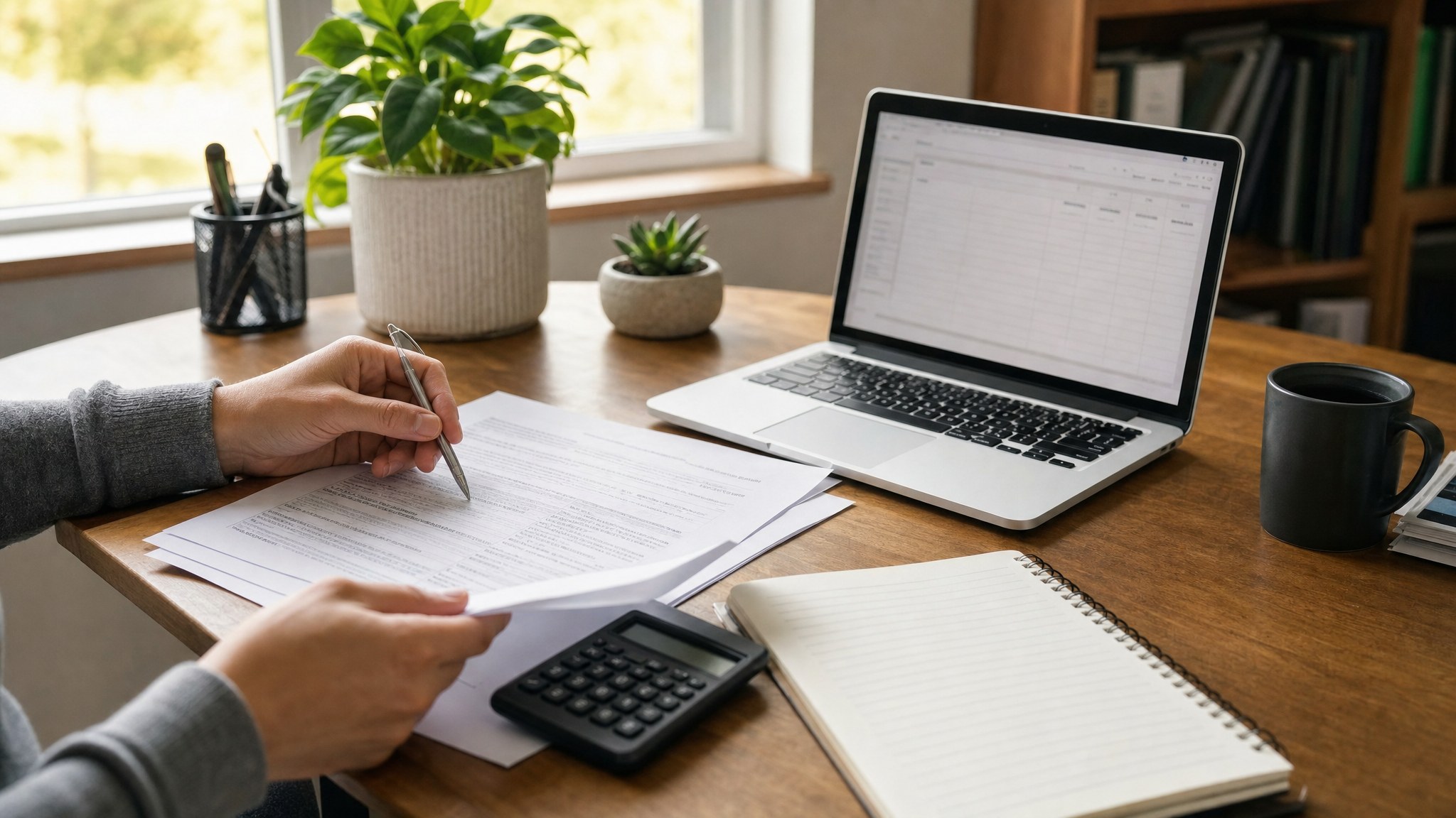 An adult reviewing retirement-account paperwork, a calculator, and planning notes at a home desk.