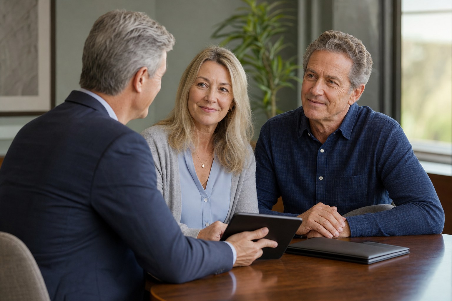 An advisor meeting with a couple to discuss retirement income and financial planning.