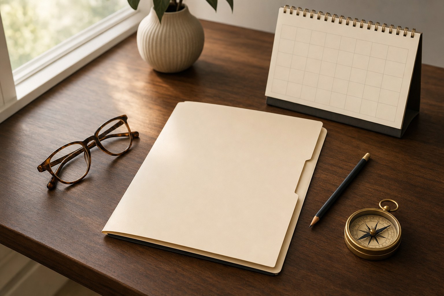 A retirement planning folder, calendar, reading glasses, pencil, and brass compass arranged on a walnut desk.