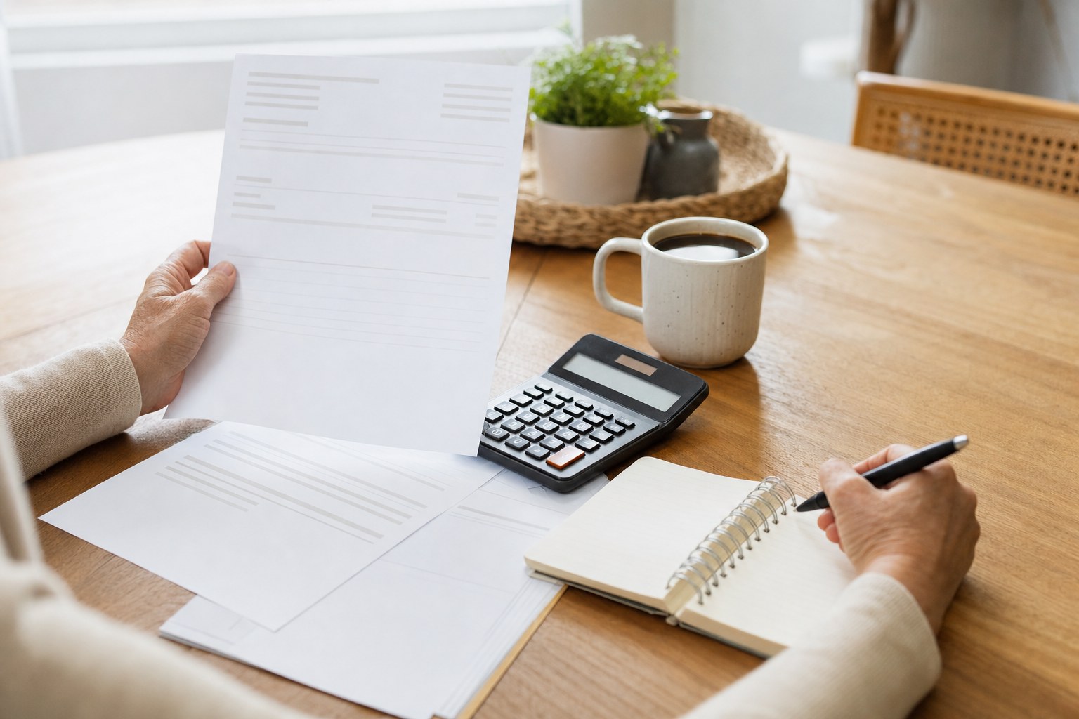 Hands comparing a retirement benefit estimate, planning papers, a calculator, and a notebook at a sunlit dining table.
