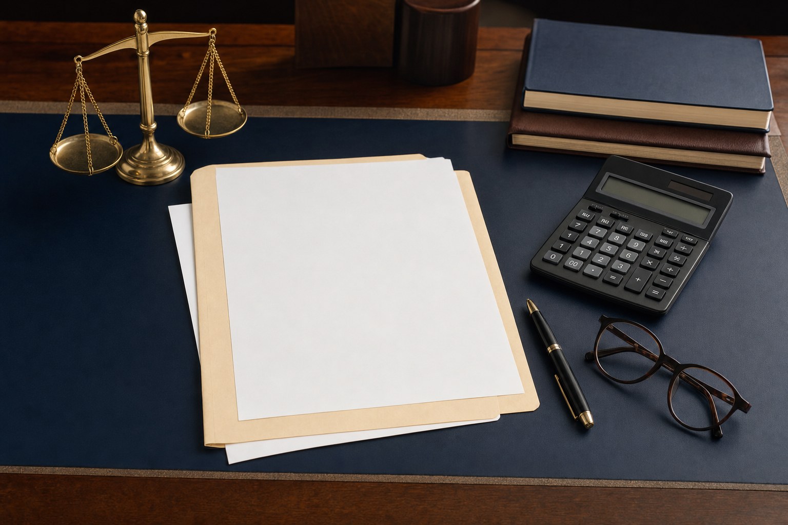 A blank retirement planning checklist, calculator, reading glasses, folders, and brass balance scales on a navy desk.