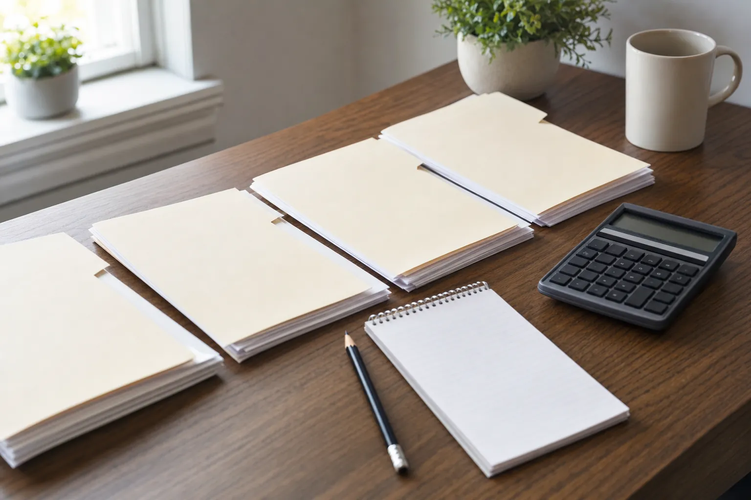 Investment folders, a calculator, and a notepad arranged for a tax lot review.