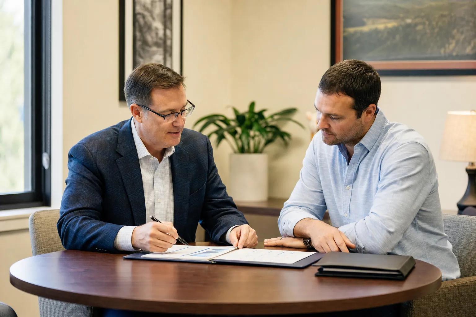 A financial advisor and client reviewing investment and tax planning documents together.