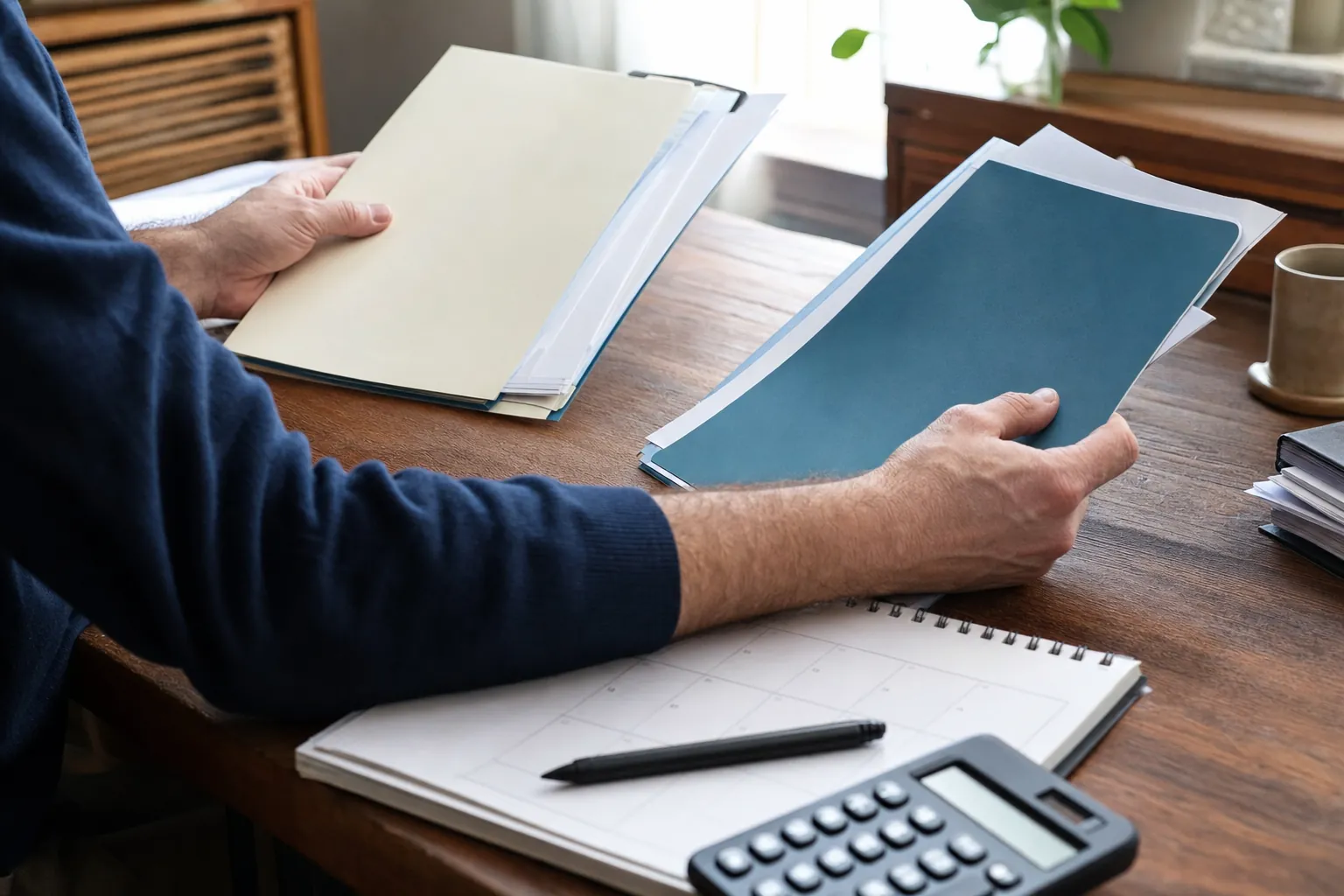 An investor comparing investment folders beside a calendar and calculator.
