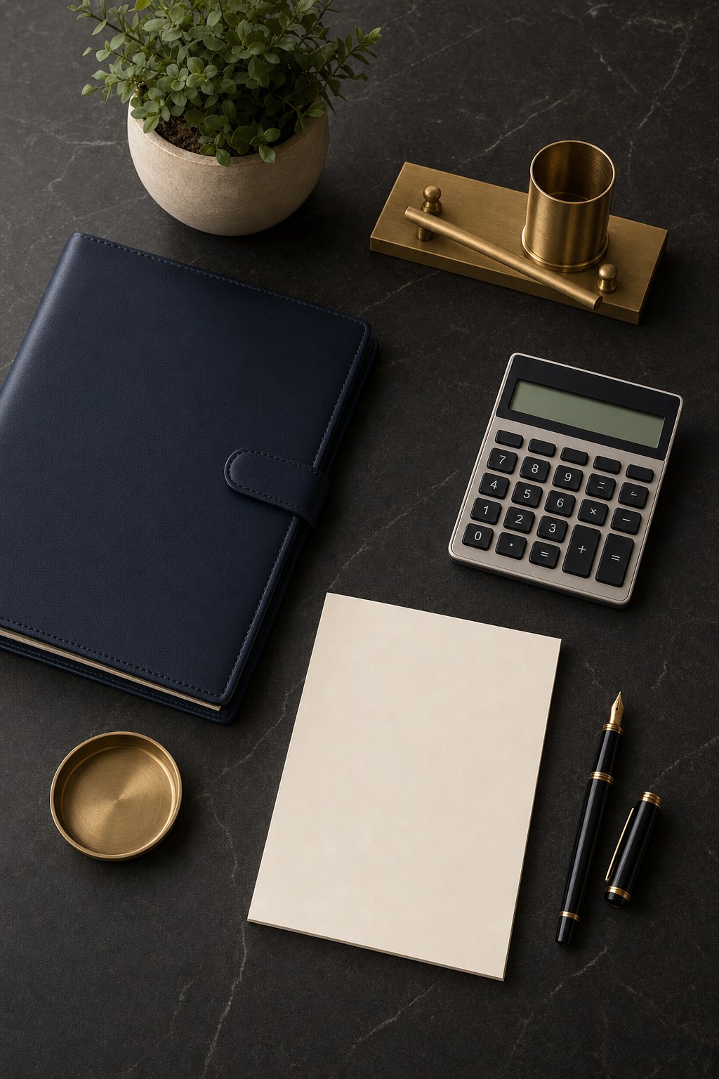 A navy planning portfolio, calculator, pen, blank paper, and brass desk accessories on a dark stone desk.