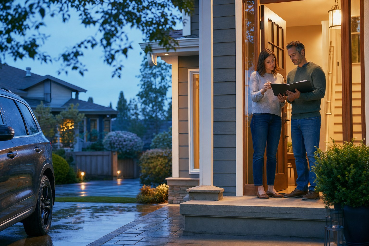 A couple at their front door reviewing insurance paperwork, with a car in the driveway after rain.