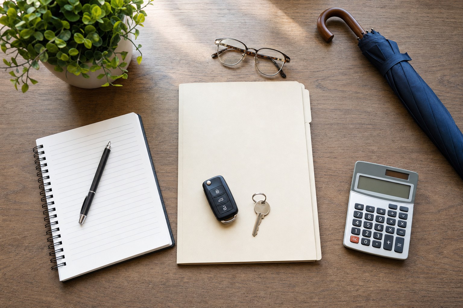 A home planning desk with house and car keys, a calculator, folders, glasses, and a closed umbrella.
