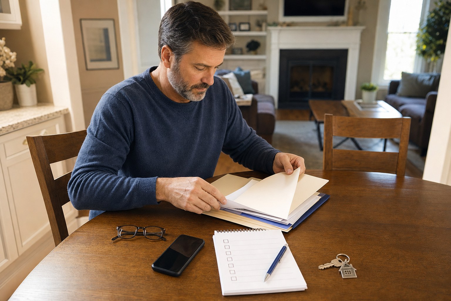 A man at a dining table organizing insurance records into folders beside a phone, glasses, checklist, and house key.