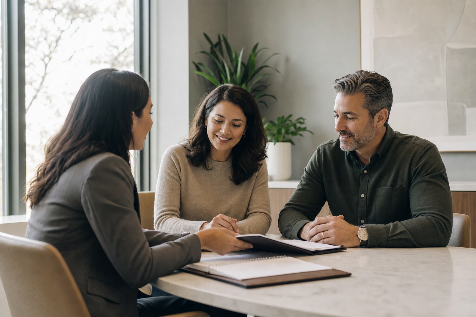 An advisor meeting with a couple to review a protection planning folder at a conference table.