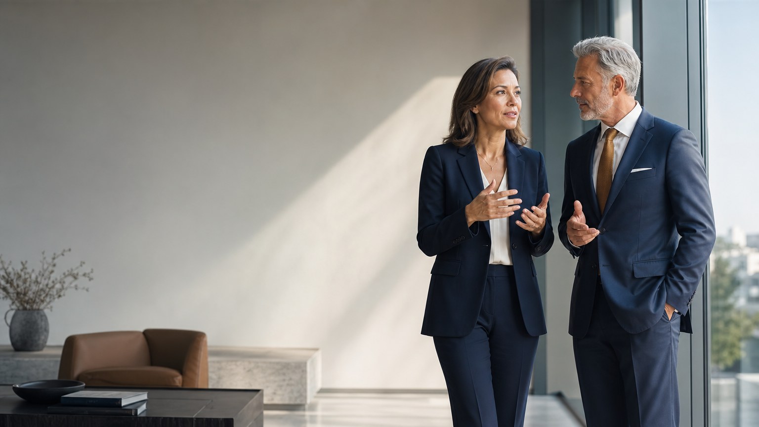 Two experienced financial advisors in conversation