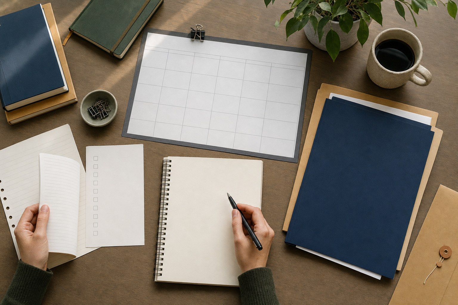 Hands organizing a blank calendar, research notes, and application folders