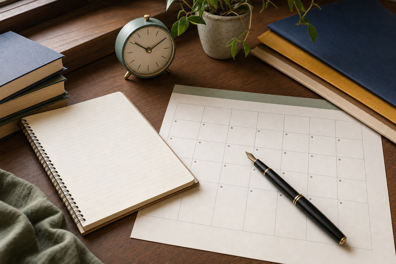 Calendar, notebook, and desk clock for application deadline planning