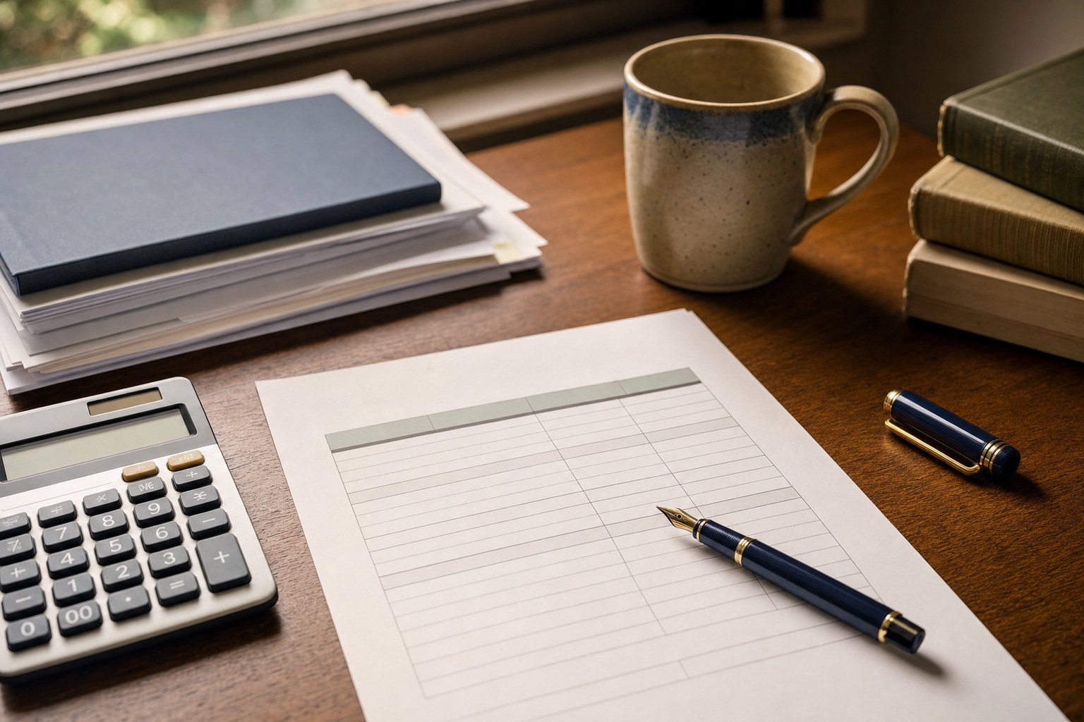 Calculator, planning worksheet, documents, and fountain pen on a desk