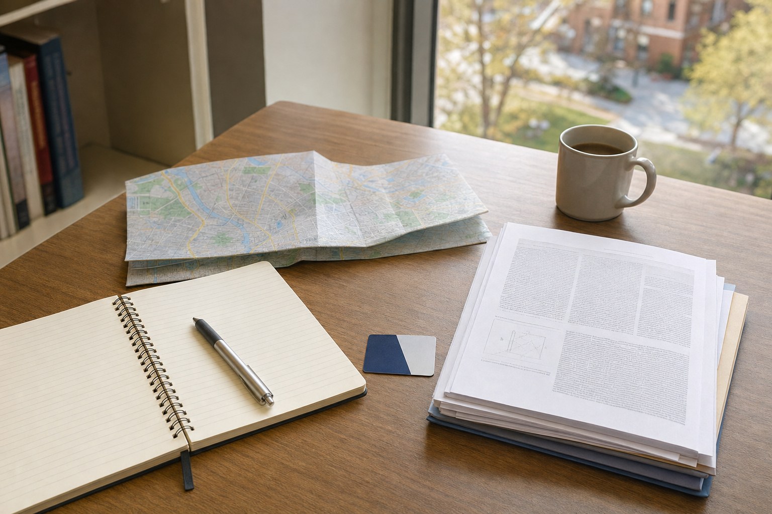 Notebook, map, and research papers arranged for planning questions about a graduate program