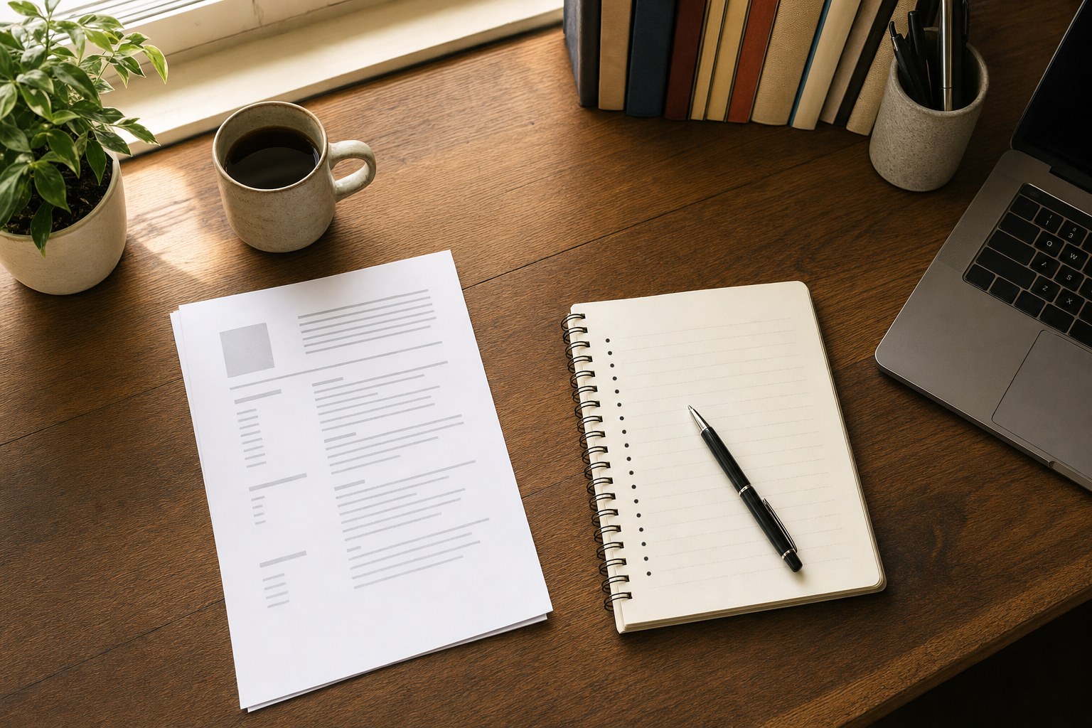 Notebook and application materials arranged for graduate school interview preparation