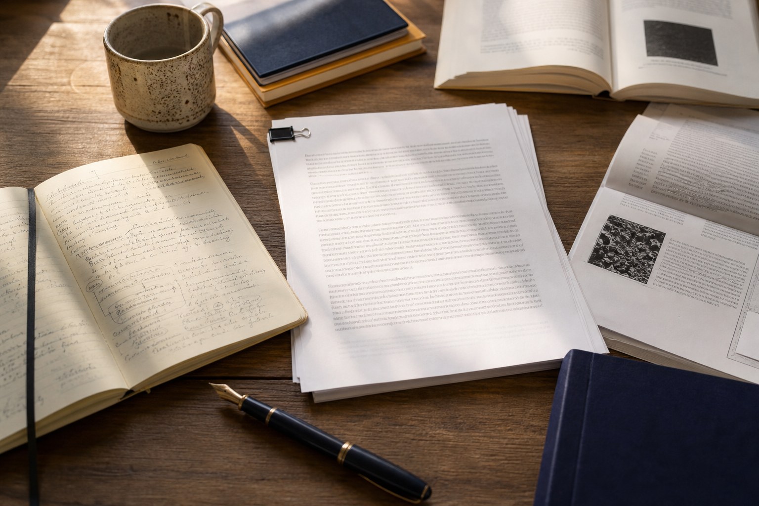 Research notes, journal articles, and a draft arranged for statement-of-purpose writing