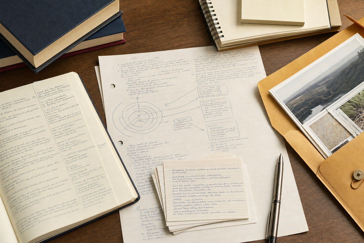 Research notes and project materials organized before writing a graduate application
