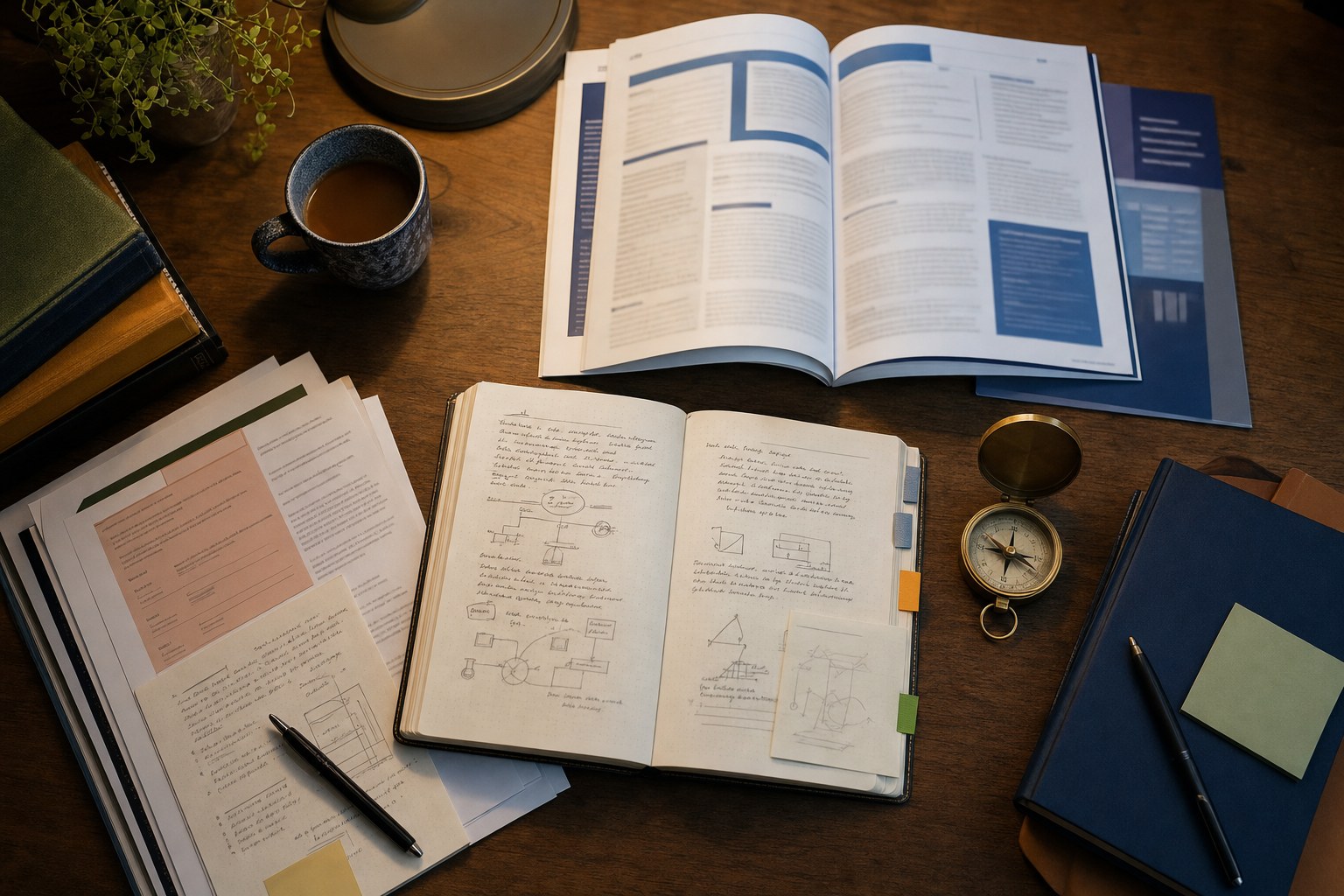 Notebook, program materials, and research notes arranged for graduate program comparison