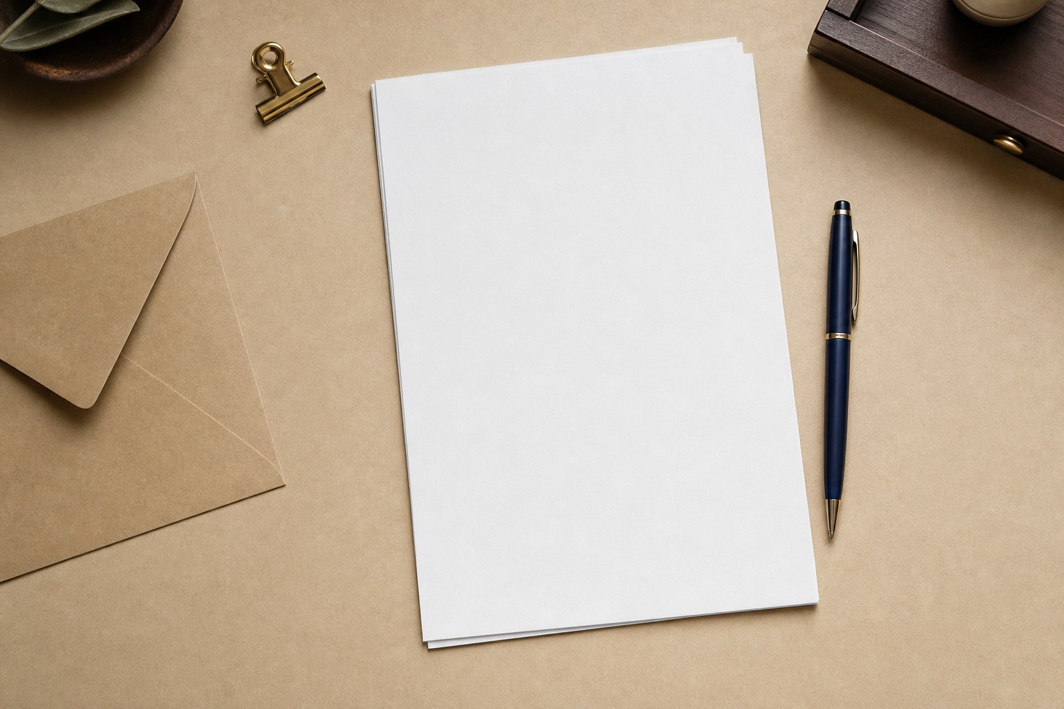 Blank paperwork, envelope, pen, and desk clip prepared for mailing
