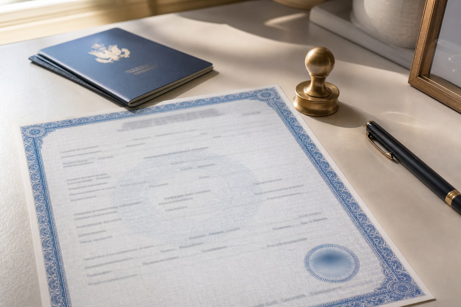 Certified birth record, passport, and notary seal arranged on a desk