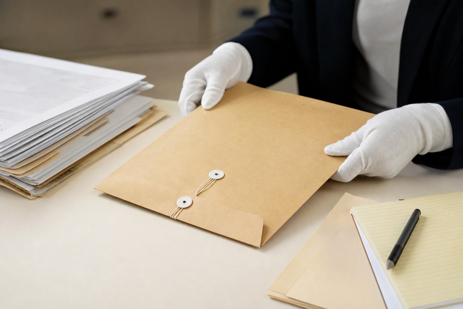 Organized paperwork and a sealed document envelope
