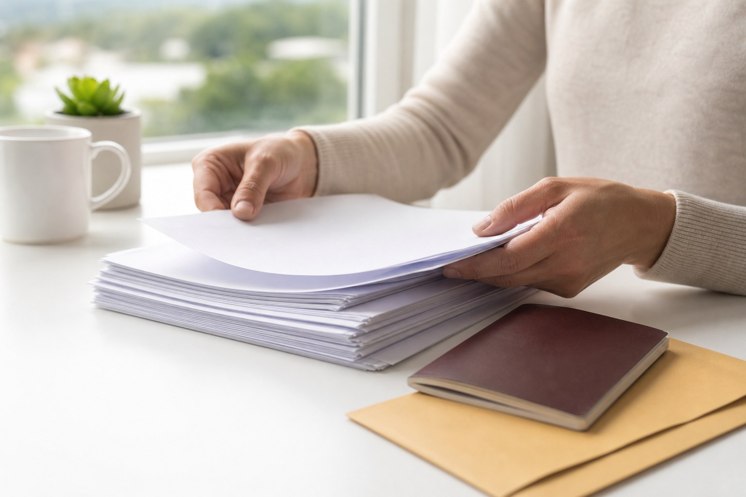Person carefully reviewing a stack of documents beside a passport