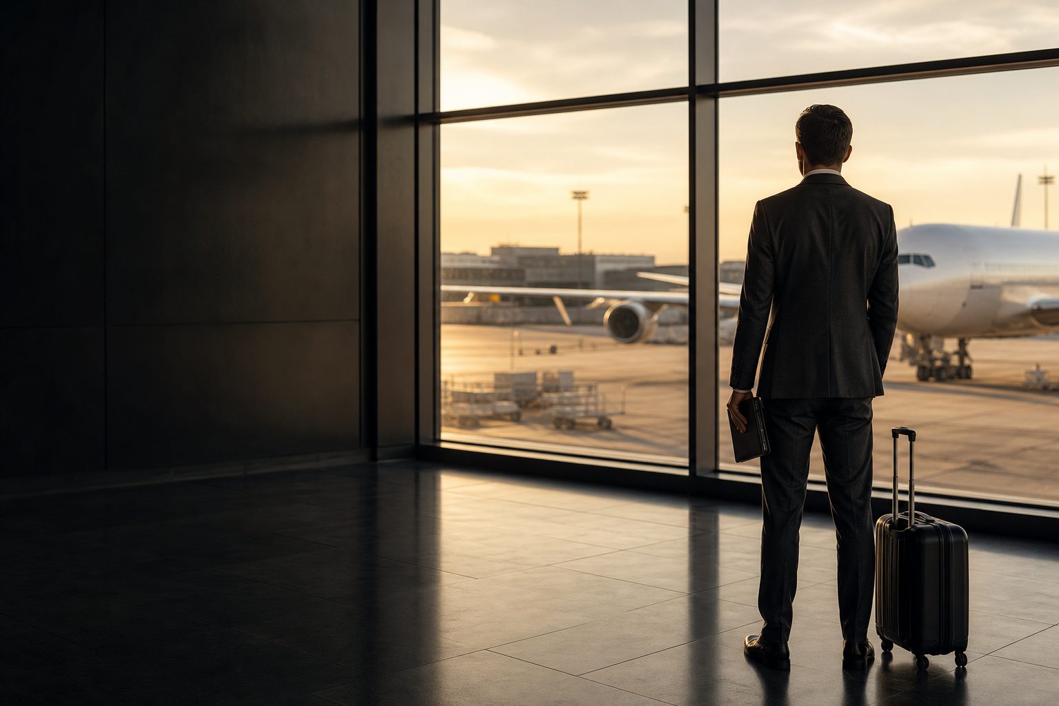 Business traveler with a document folio and suitcase looking out at an airplane