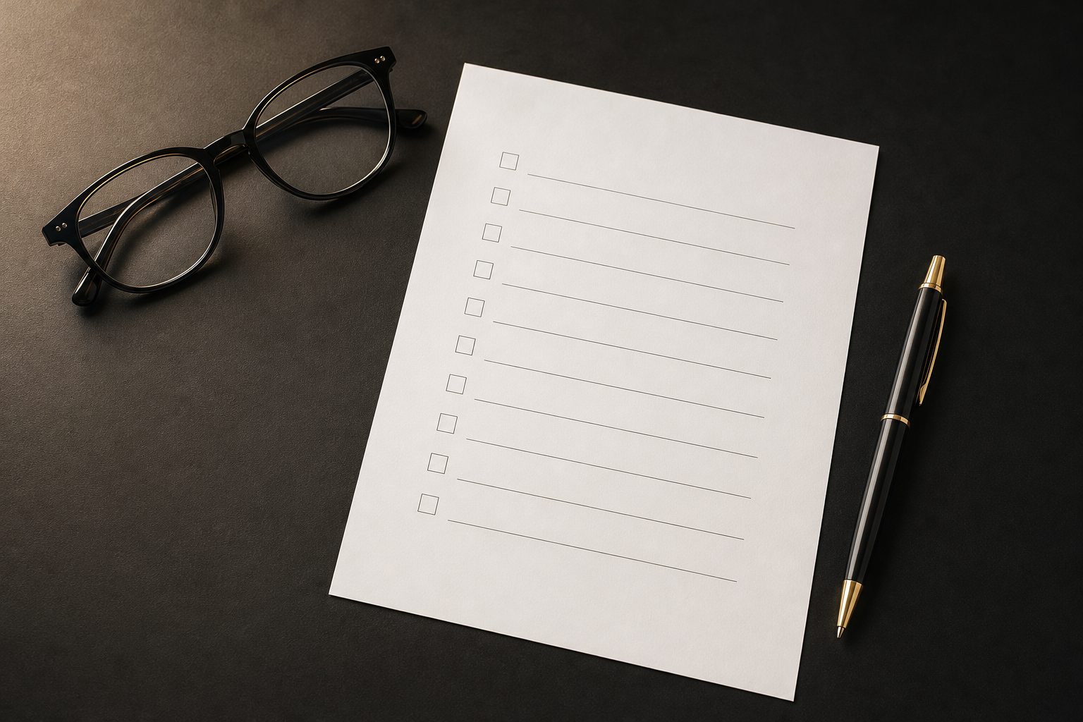 Glasses, a blank checklist sheet, and a gold and black pen on a black desk