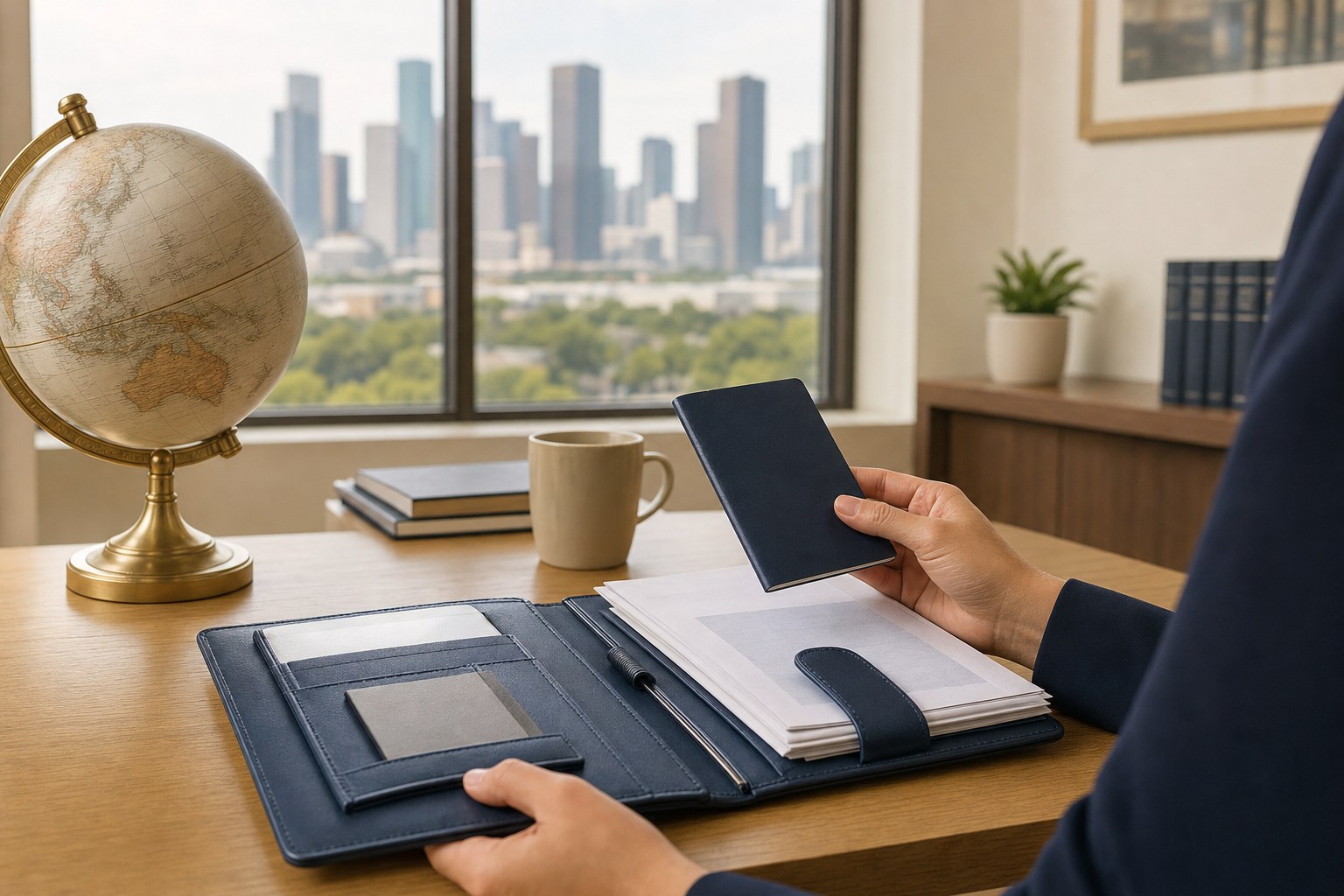 Passport and organized documents prepared for international use