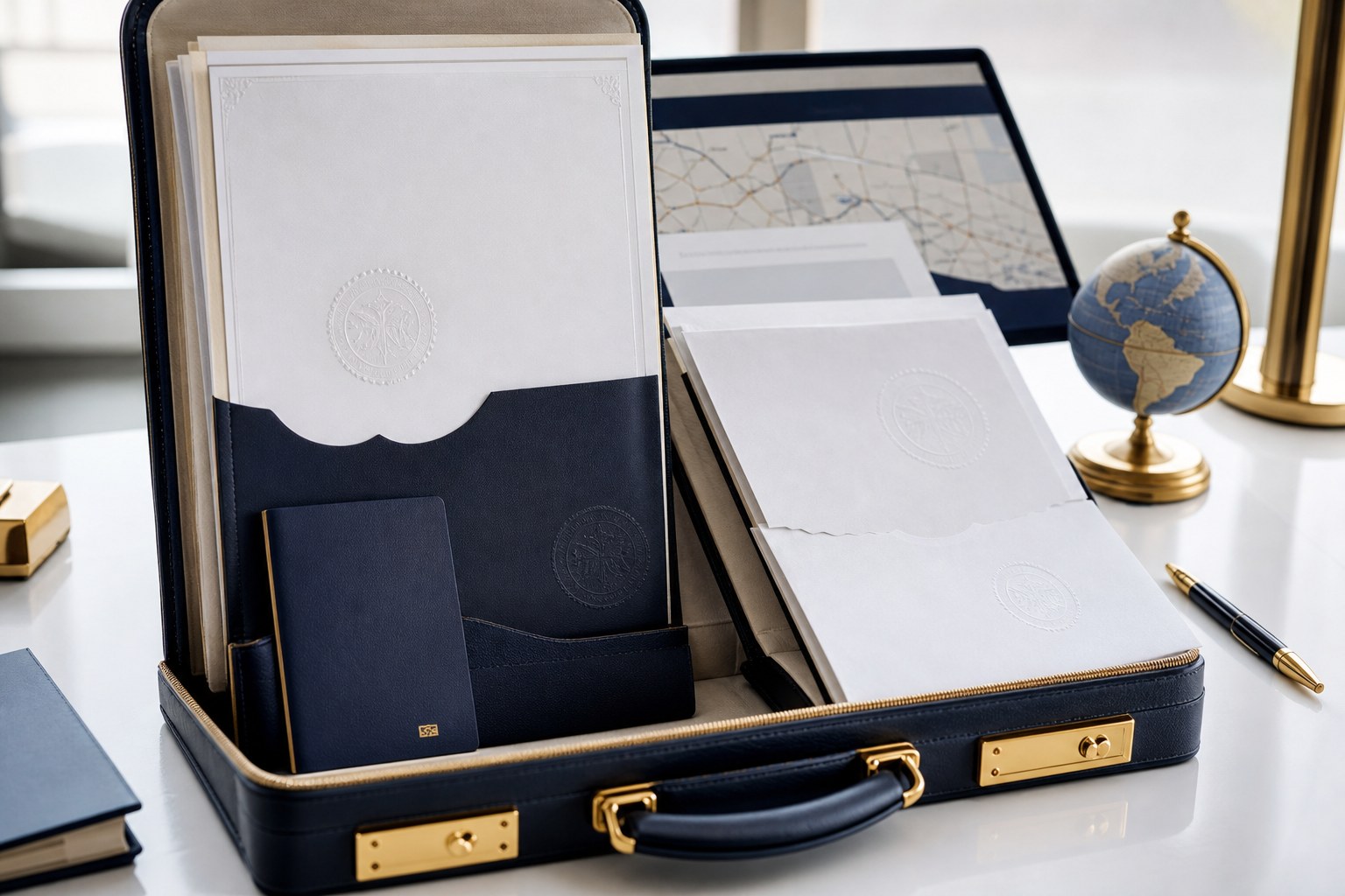 Organized international documents with a passport and globe