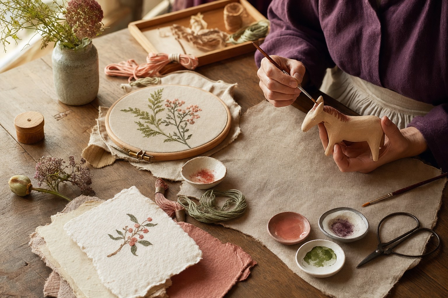 Hands painting a wooden craft figure at a table