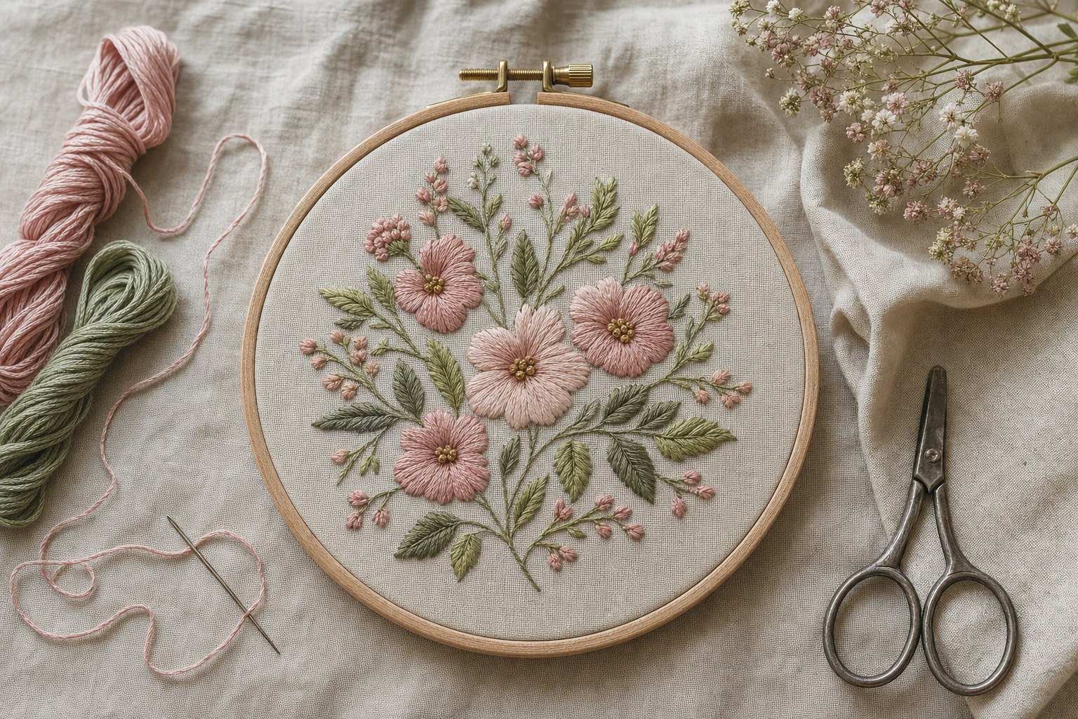 Embroidery hoop with floral stitching