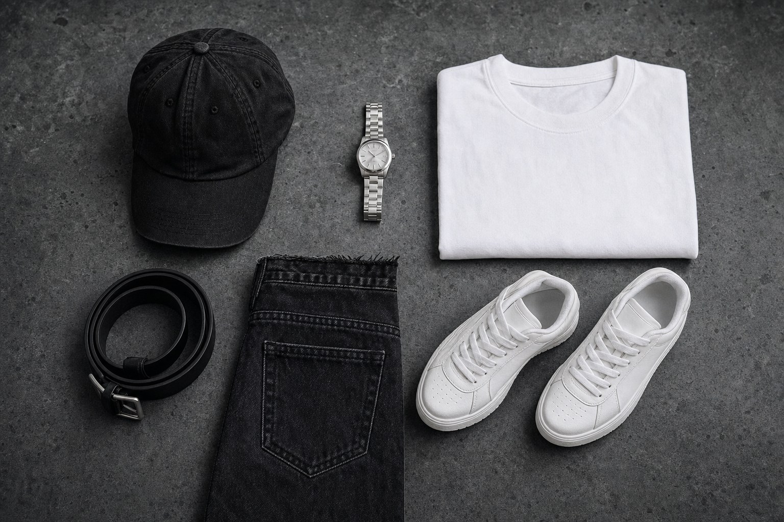 Black cap, white tee, watch, belt, black denim, and white sneakers arranged on charcoal concrete