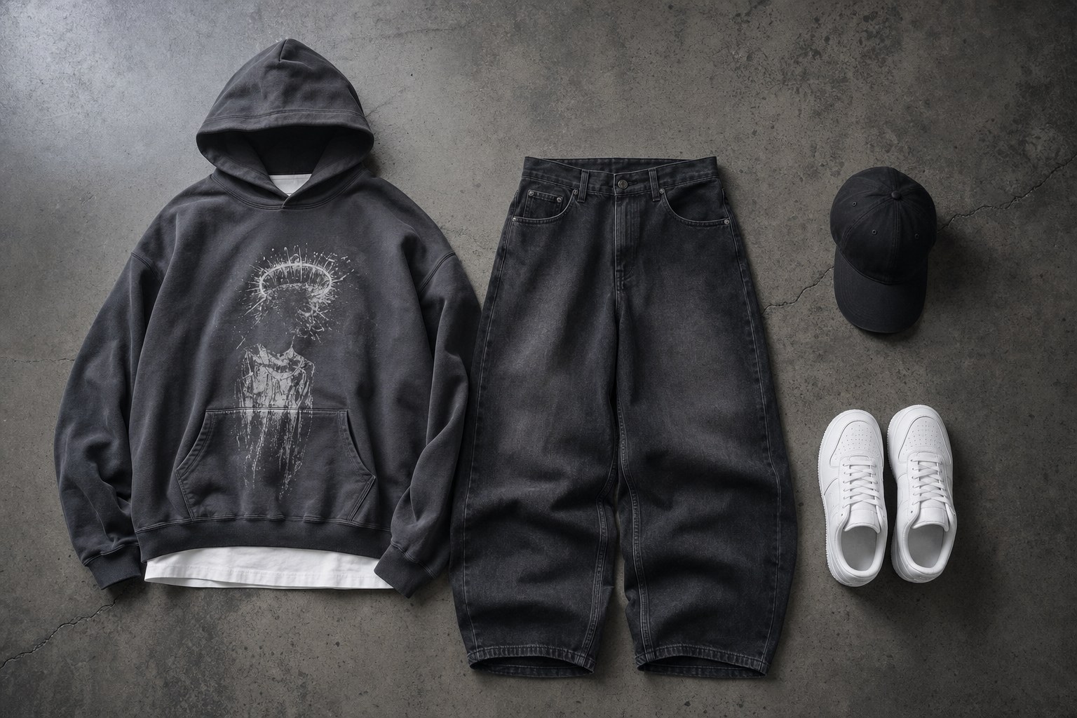 Black baggy jeans with a charcoal hoodie, black cap, and white sneakers arranged on concrete