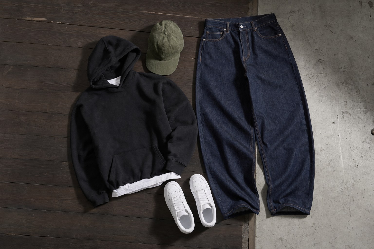 Dark indigo baggy jeans, black hoodie, olive cap, and white sneakers arranged on dark wood