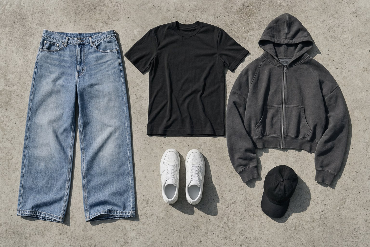 Light-wash baggy jeans with a black tee, charcoal zip hoodie, cap, and white sneakers arranged on concrete