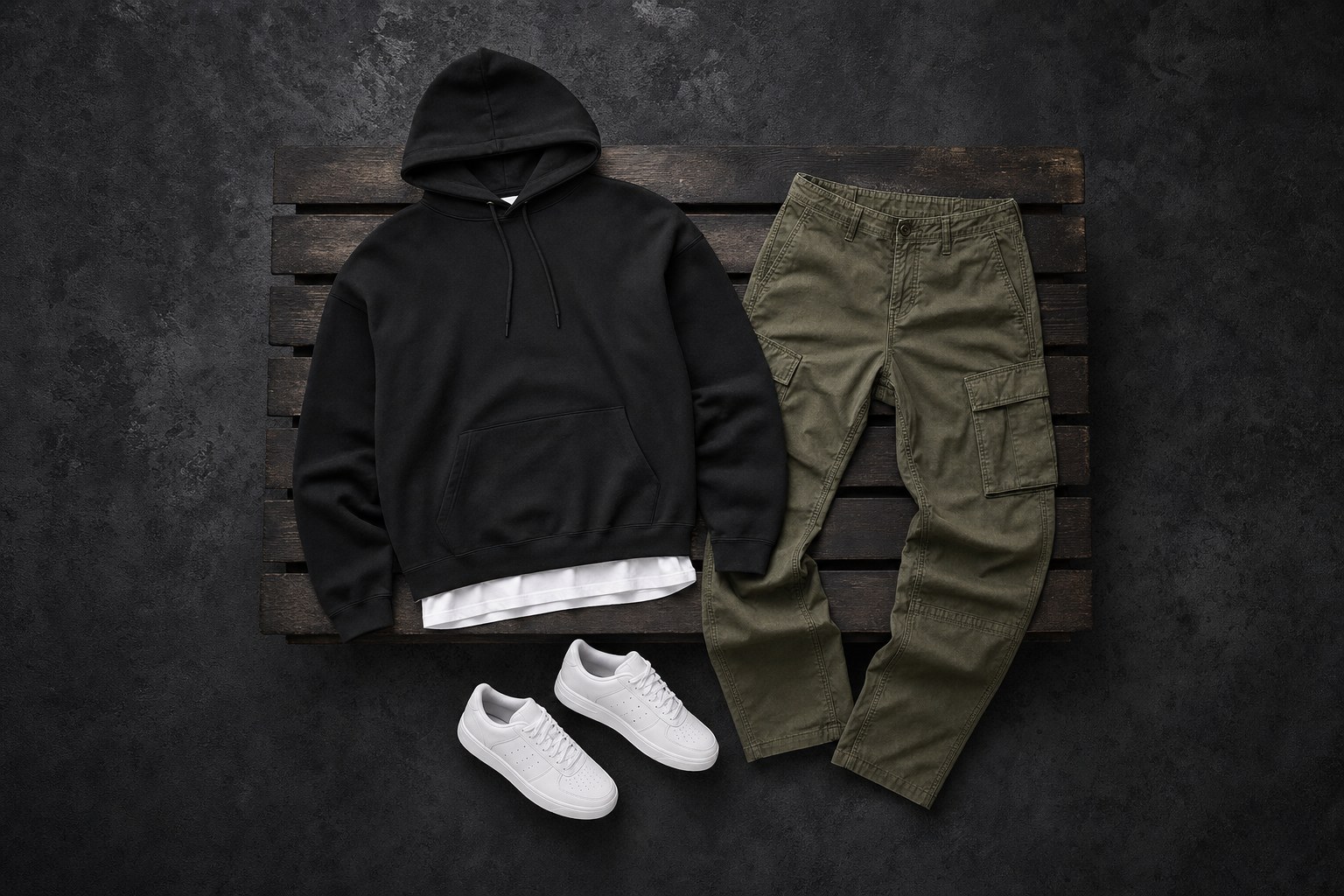 Black hoodie layered over a white tee with olive cargo pants and white sneakers