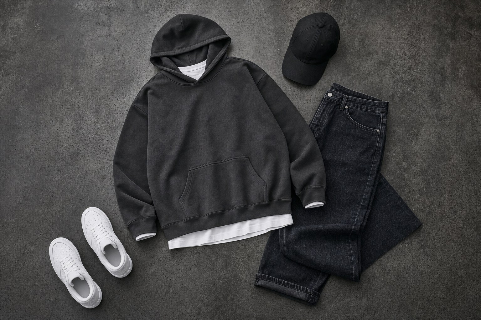 Black hoodie layered over a white tee with dark denim, a black cap, and white sneakers