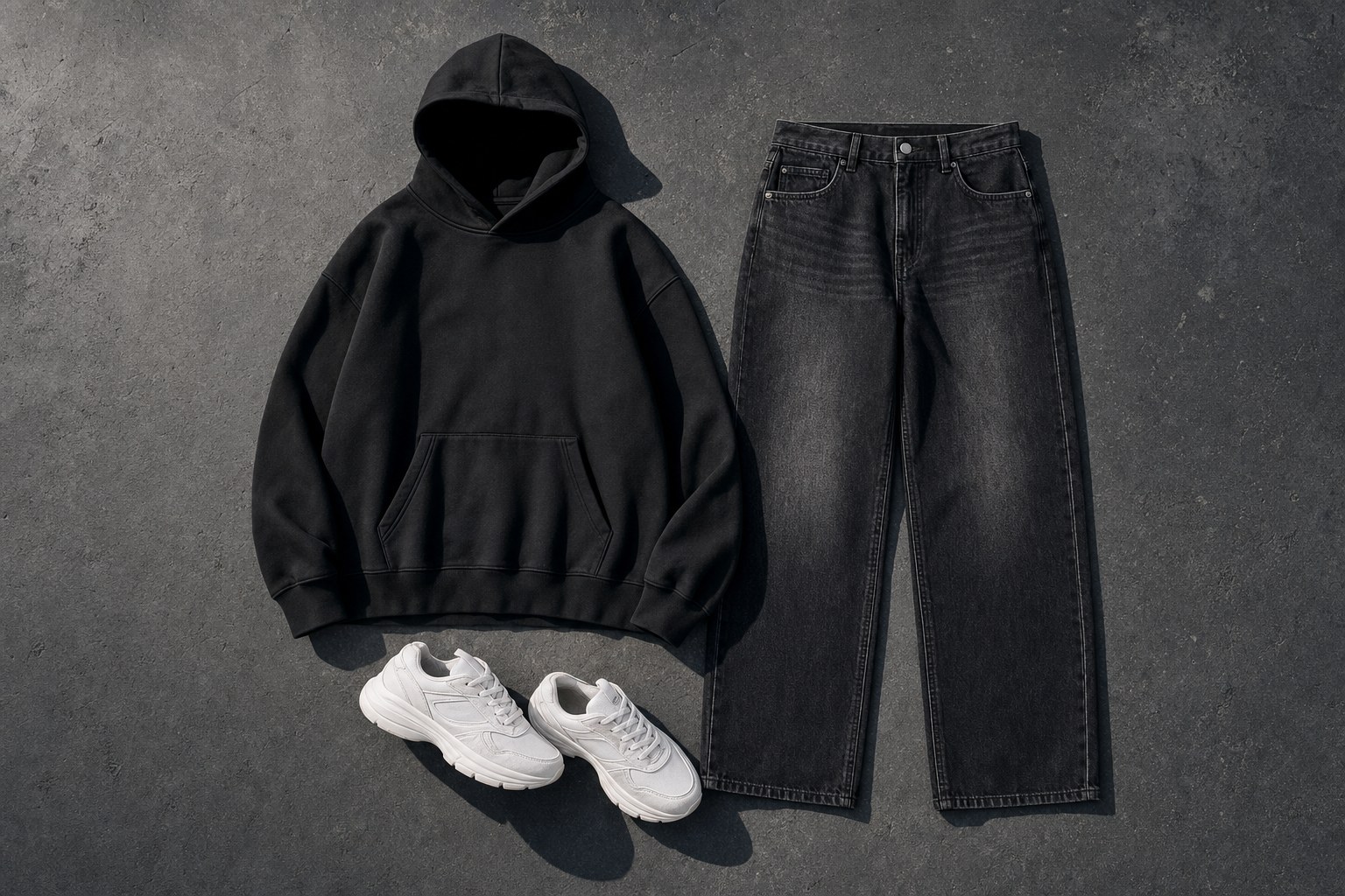 Oversized black hoodie with straight black jeans and white sneakers arranged on concrete