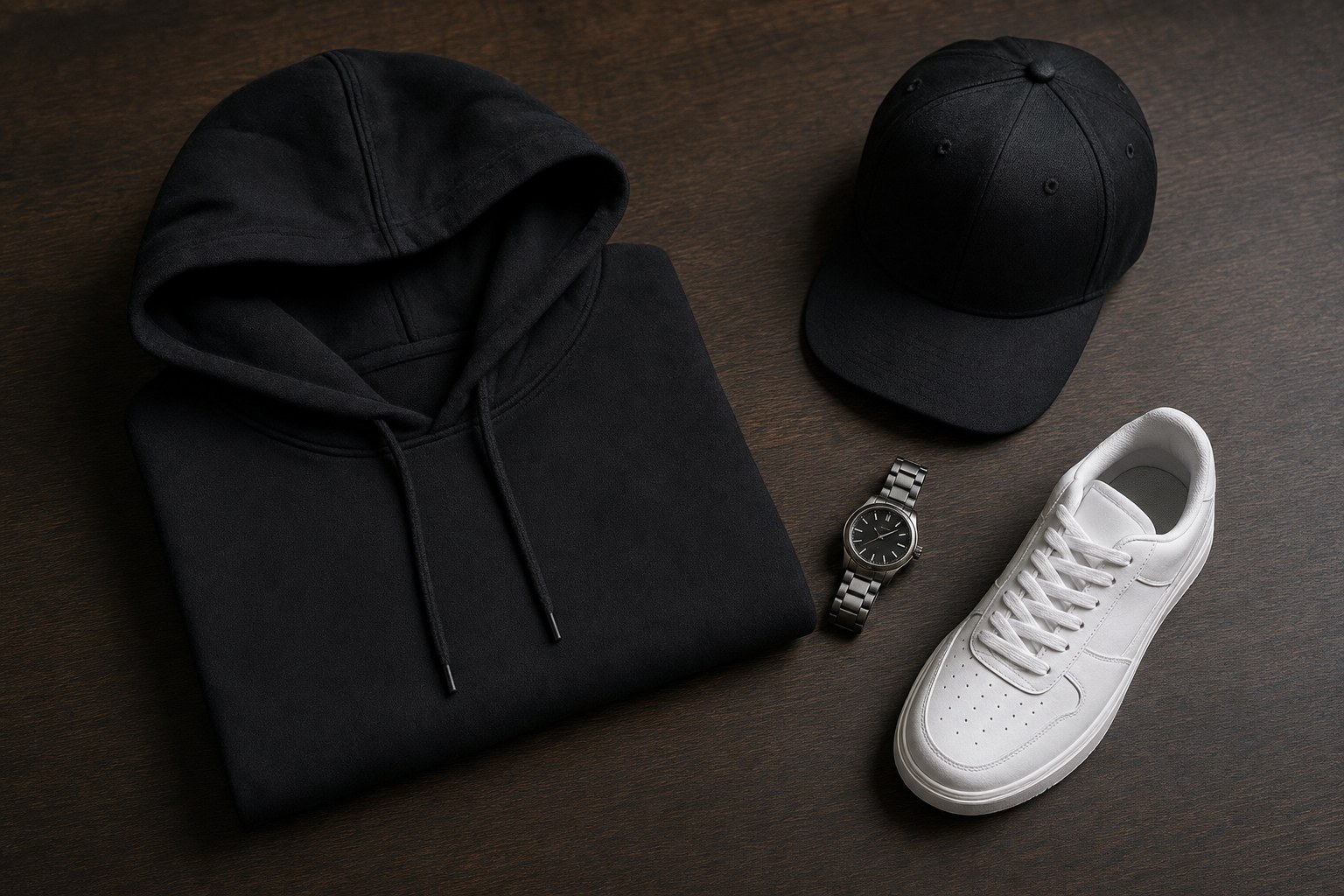 Folded black hoodie with a black cap, silver watch, and white sneaker on dark wood