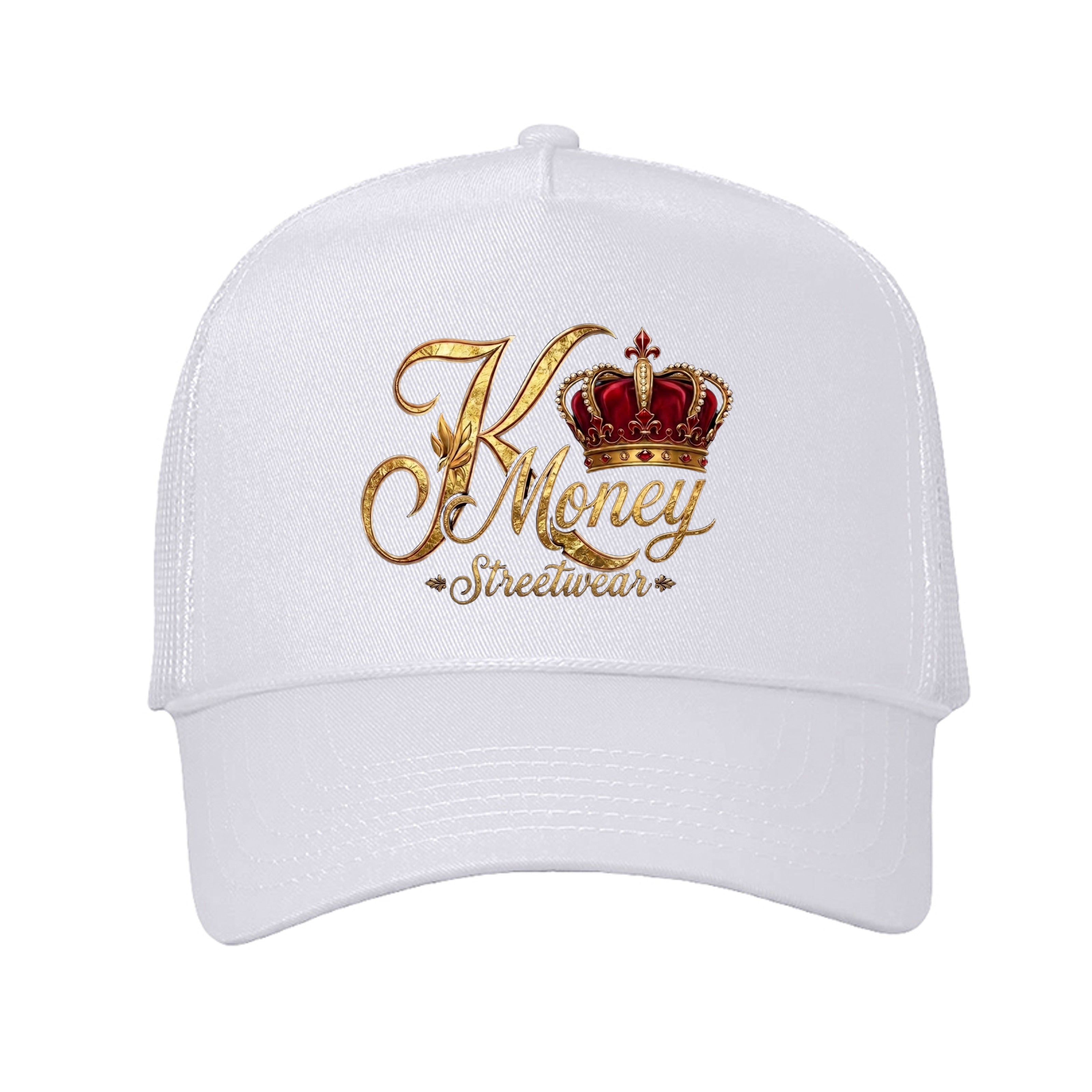 White K-Money limited-edition ball cap shown from the front