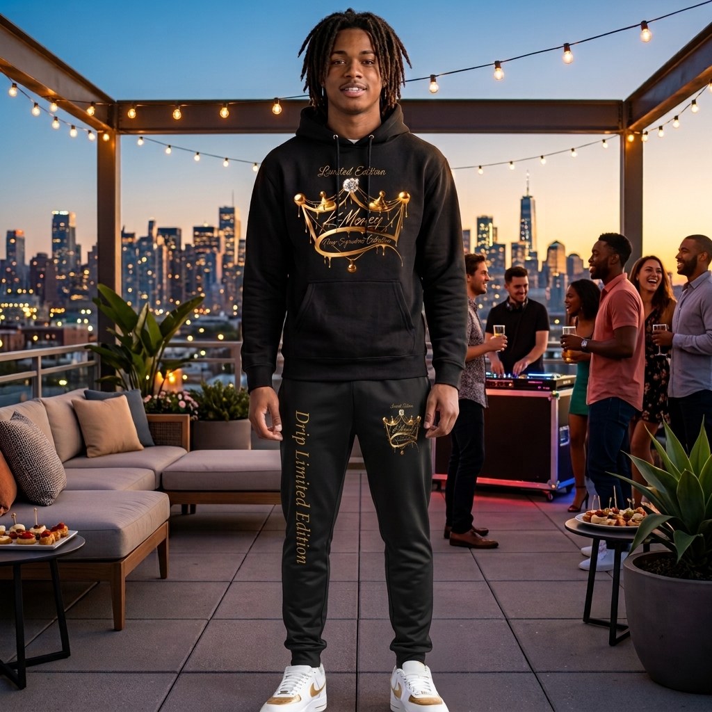 Model wearing the black and gold Drip Limited Edition hoodie and matching pants