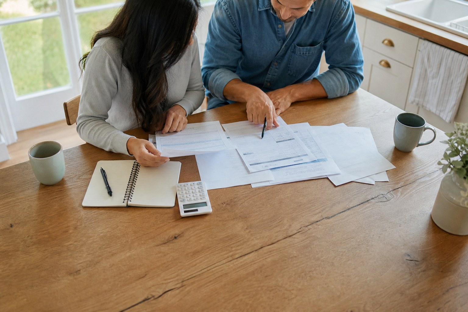 Two adults reviewing household financial papers at a kitchen table