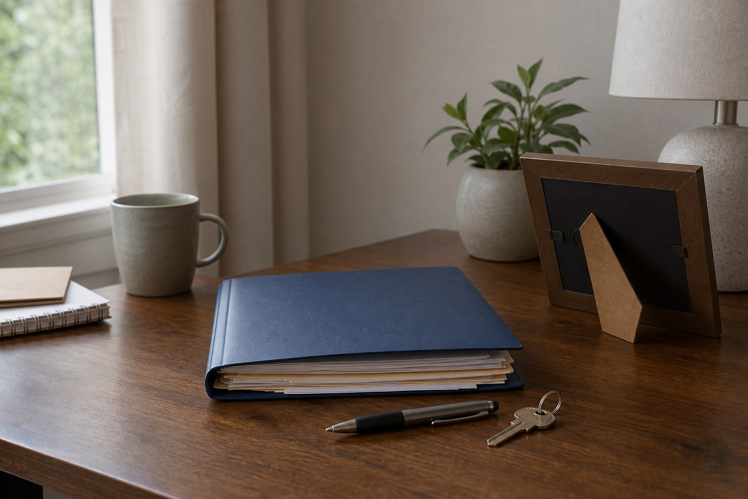 A household planning folder, keys, and notebook on a desk